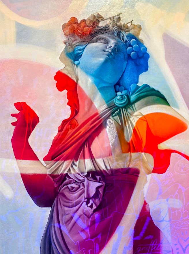 dipinto di una statua di bacco colorata 